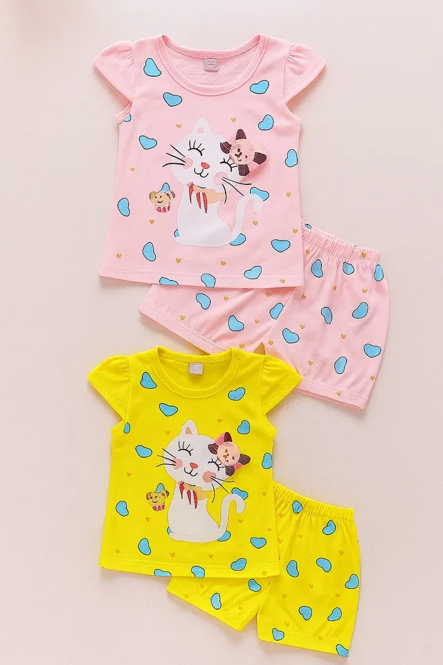 Hosiery Cotton Printed Clothings Set for Girls (Pink & Yellow, 0-6 Months)