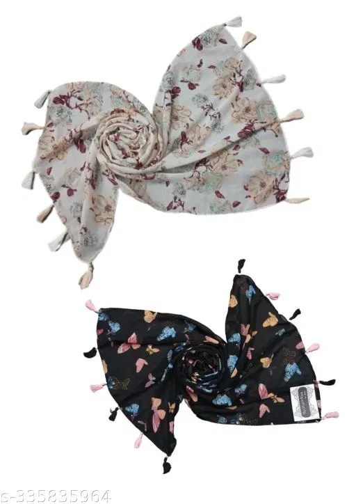 Printed Chiffon Scarves with Tassels for Women, Multicolor, Pack of 2