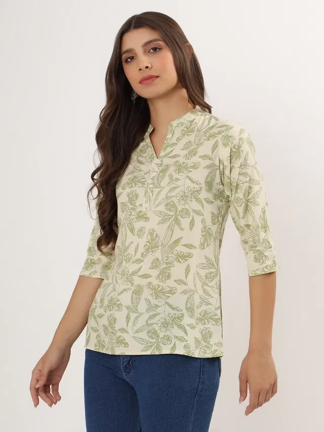 Rayon Floral Print Short Kurti for Women (Green S)