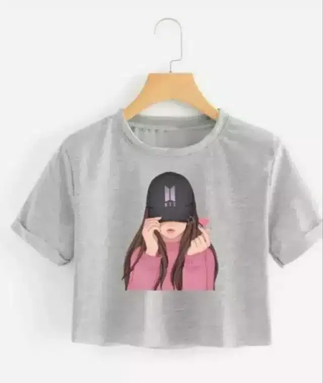Printed Crop T-shirt for Women (Grey, XL)