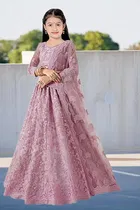 Net Embroidered Semi Stitched Lehenga for Girls 