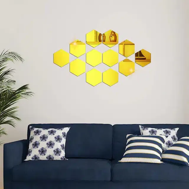 Acrylic Hexagon Shaped Wall Mirror Stickers (Gold, Pack of 12)