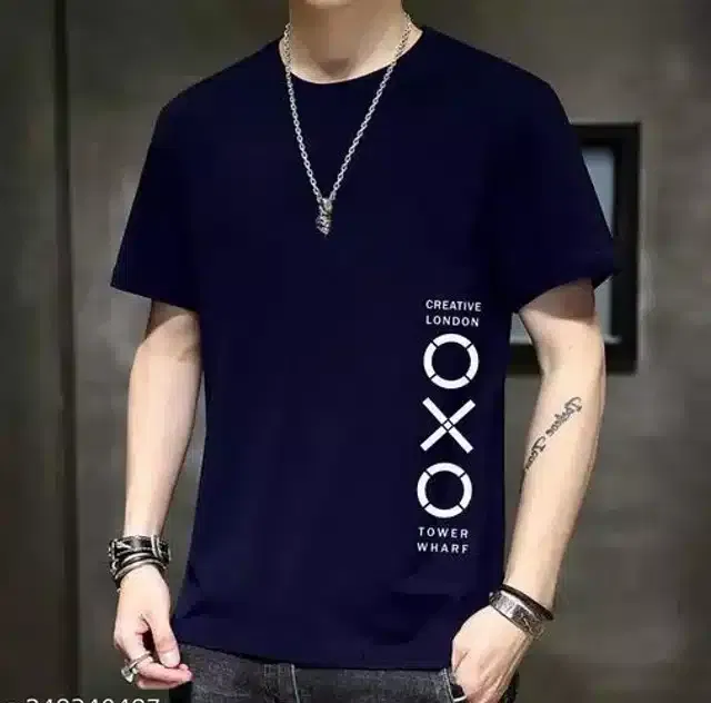 Crew Neck T-Shirt for Men (Navy Blue, M)