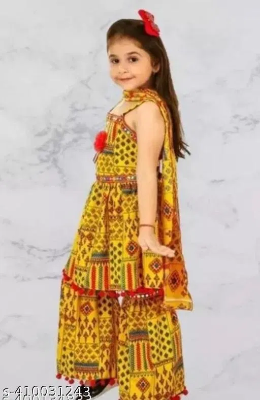 RK TRADERS Ethnic Motif Mirror Work Cotton Palazzo Pants for Kids (Yellow, 11-12 Years)