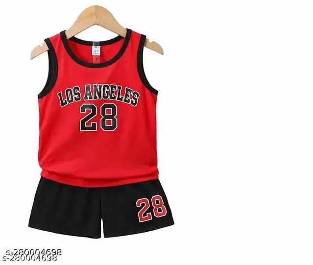 Printed Poly Blend Clothing Set for Boys (Red & Black, 4-5 Years)