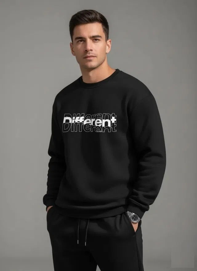 Fleece Printed Sweatshirt for Men, Black (M)