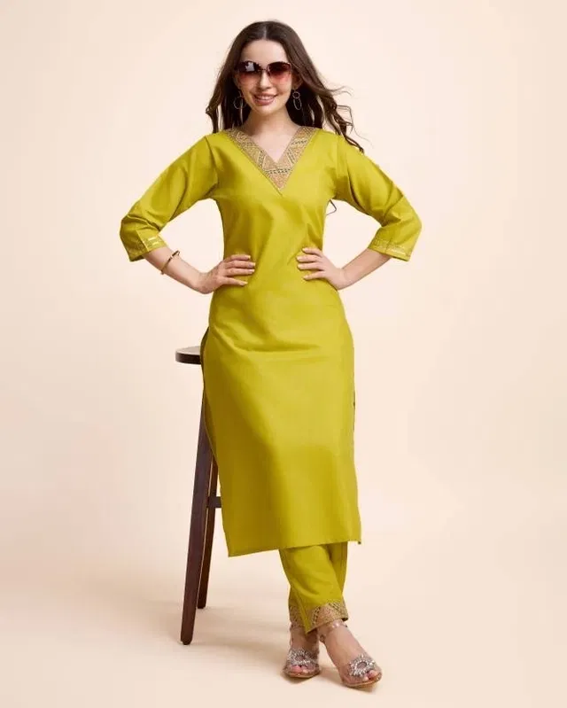 Cotton Solid Women's Kurta with Pant Set (Yellow, M)