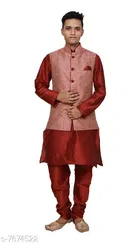 Dupion Silk Solid Kurta with Pyjama & Jacket for Men 