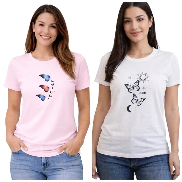 Cotton Blend T-shirt for Women, White & Pink, Pack of 2 (L)