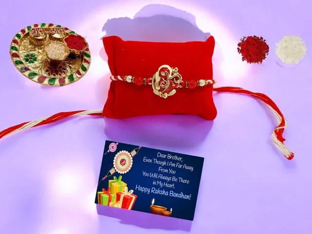 Metal Rakhi with 4.5 Inch Plate & Greeting card, Roli (Multicolor, Set of 1)