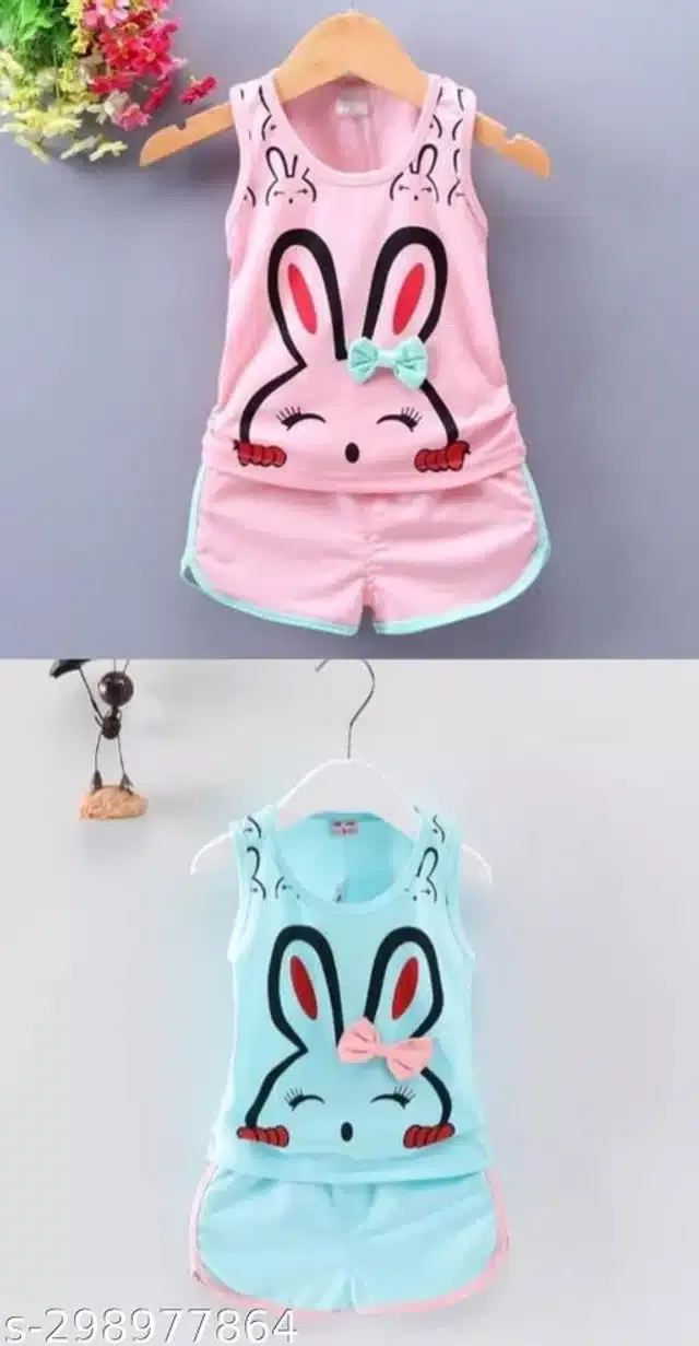 Hosiery Cotton Sleeveless T-Shirt with Pant Clothing Set for Kids (Pink & Aqua Blue, 1-2 Years) (Set of 2)