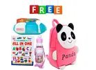 Combo of Fabric School Bag, Water Bottle, Lunch Box with All in One Book for Kids (Multicolor, Set of 4)