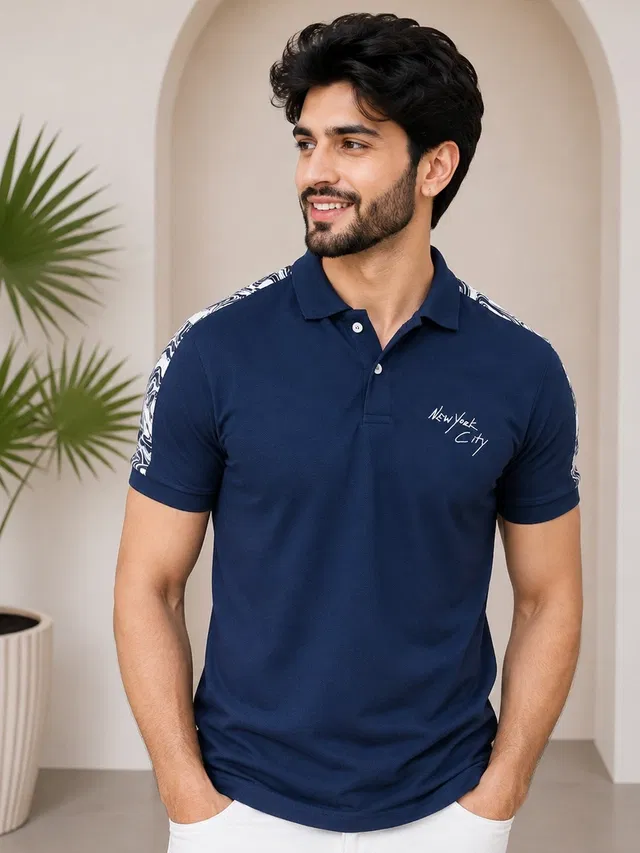 Polo Printed Short Sleeves T-shirt for Men (Navy Blue, M)