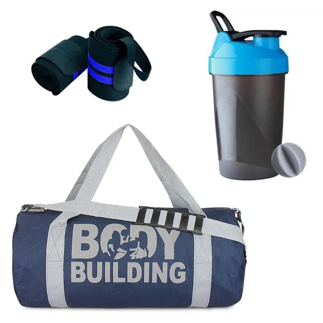 Polyester Printed Gym Bag with 2 Pcs Wristband & Shaker Bottle (400 ml) for Men & Women (Multicolor, Set of 1)