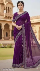 Poly Georgette Embellished Saree For Women, Purple