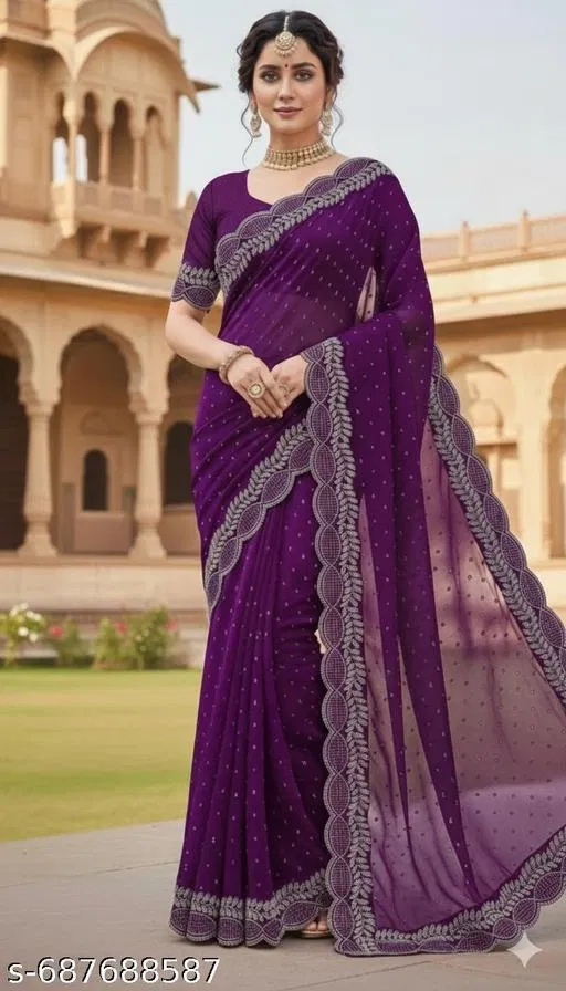Poly Georgette Embellished Saree For Women, Purple