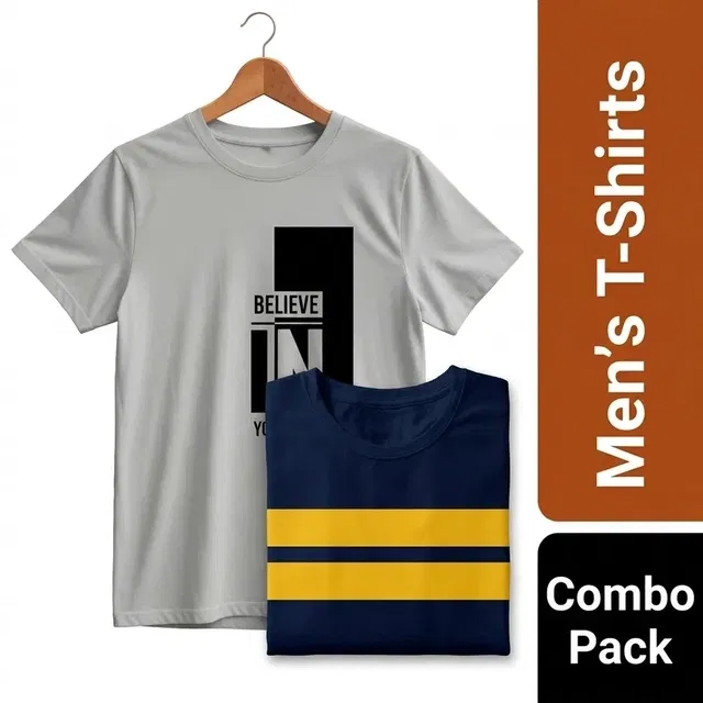 Round Neck Printed T-Shirt for Men, Combo Pack of 2, Grey & Blue, L