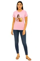 Cotton Blend Printed T-shirt for Women, Pink 