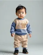 Hosiery Cotton Printed Clothing Set for Kids, Blue & Beige 