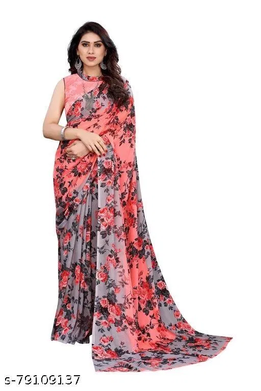 Georgette Printed Saree for Women, Peach (6.3 m)