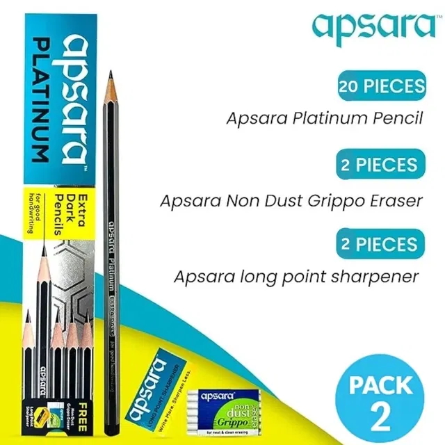 Apsara Platinum Extra Dark Pencils [Pack of 2] with 1 Free Eraser & Sharpener per Pack