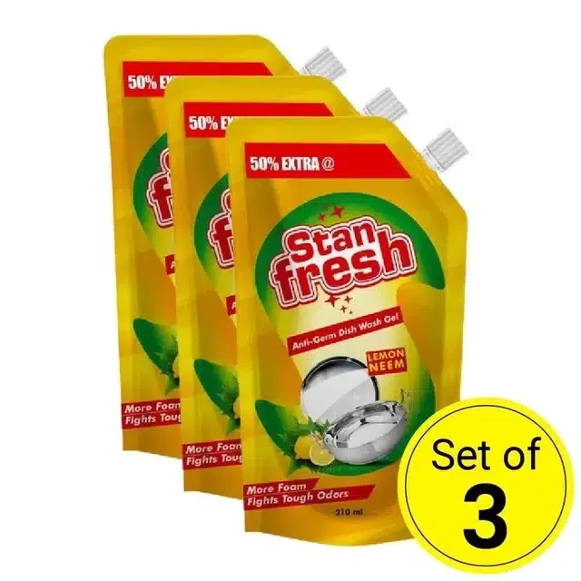 स्टेनफ्रेश डिश वाश जेल पाउच (लेमन & नीम) 140 ml (पैक ऑफ़ 3)