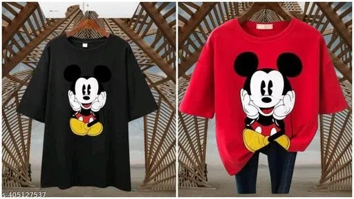 Cotton Blend T-shirt for Women, Black & Red, Pack of 2 (L)