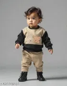 Hosiery Cotton Printed Clothing Set for Kids, Black & Beige 
