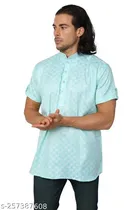 Cotton Blend Printed Short Kurta for Men (Sky Blue, S)