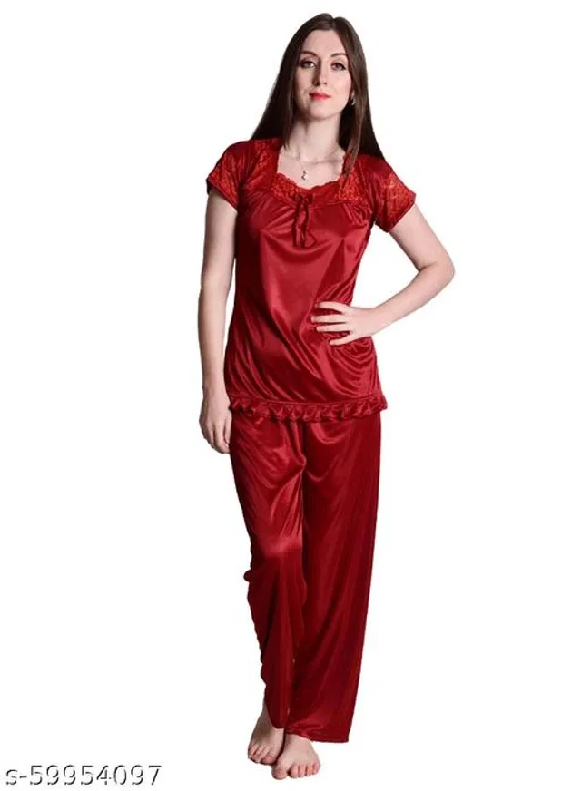 Satin Nightsuit Set for Women (Maroon, Free Size)