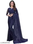 Net Solid Saree for Women, Navy 