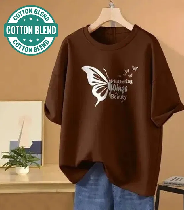 Round Neck Printed T-Shirt for Women (Brown, M)