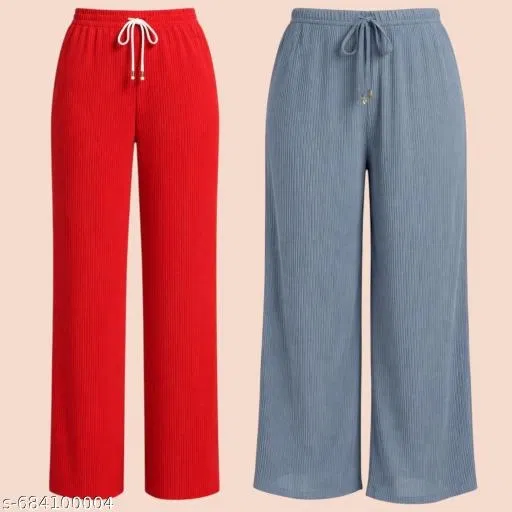 Palazzo Pants for Women, Pack of 2 (Red, XL)