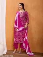 Bandhani Printed Rayon Kurta Set with Zari Embroidery & Nazmin Dupatta for Women 