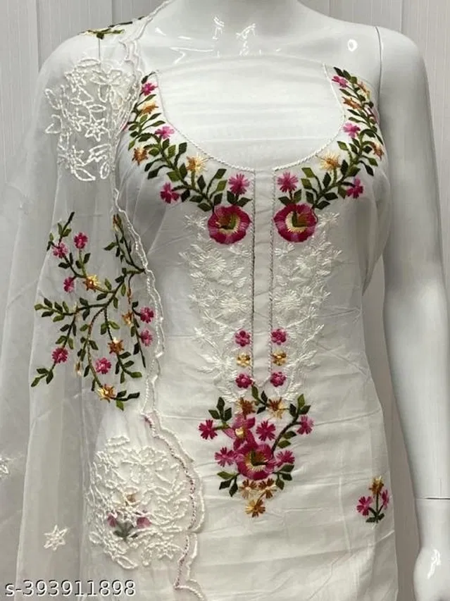 Embroidered Unstitched Suit for Women (White, 2.25 m)