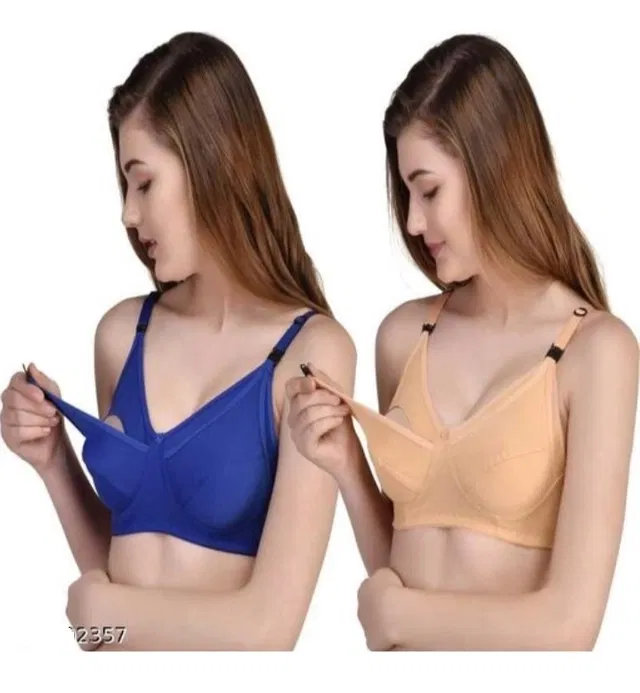 Cotton Blend Solid Non Padded Feeding Bras for Women (Multicolor, 36) (Pack of 2)