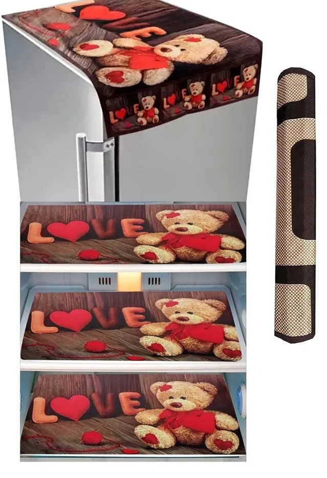 PVC Fridge Top Cover with 6 Utility Pockets & Handle Cover with 3 Pcs Shelf Mats (Multicolor, Set of 1)