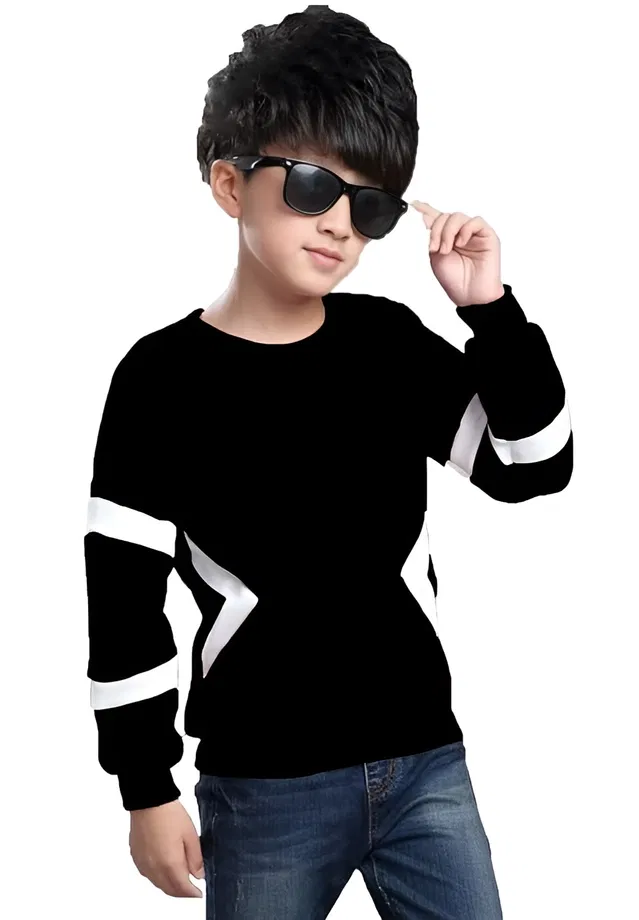 Round Neck Full Sleeves Printed T-Shirt for Boys (Black, 12-13 Years)