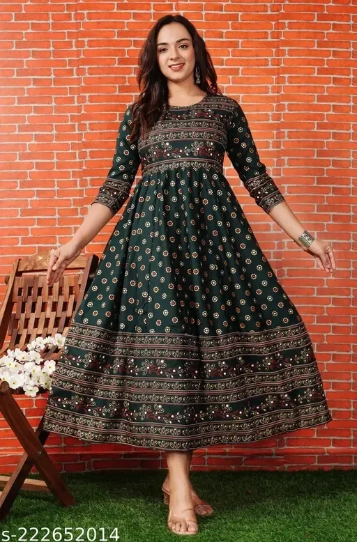 Cotton Printed Anarkali Kurti for Women (Green, M)