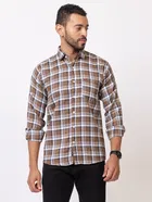 Cotton Blend Checkered Shirt for Men, Brown 