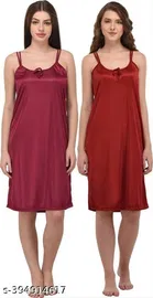 Satin Solid Nightdress for Women, Maroon & Dark Pink, Pack of 2 