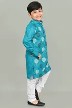 Cotton Printed Kurta with Payjama for Boys, Teal & White 