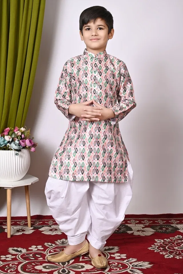 Dupion Silk Printed Kurta with Dhoti for Boys, Multicolor (5-6 Years)