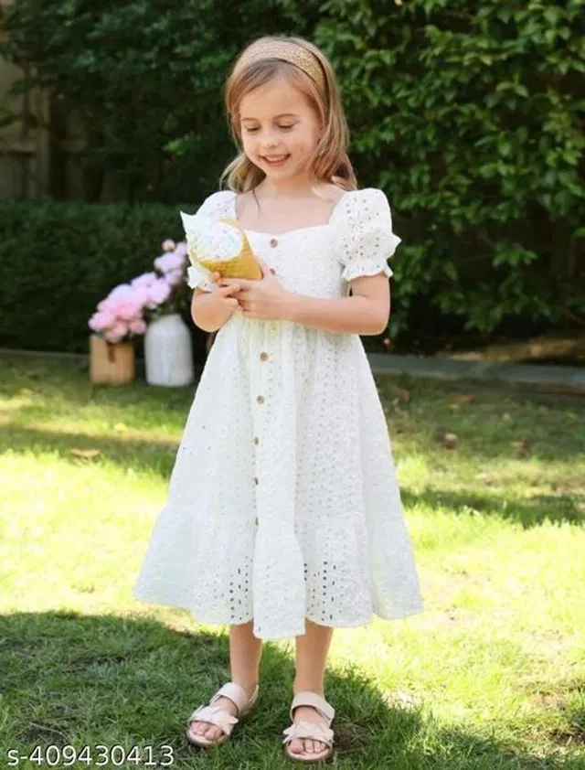 Cotton Frock for Girls (White, 0-6 Months)