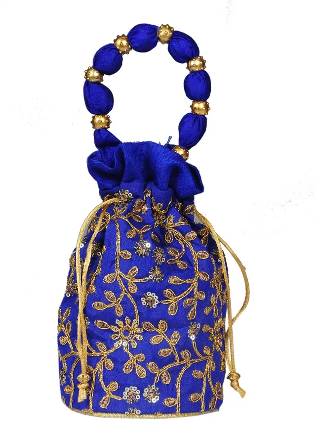 Silk Floral Ethnic Rajasthani Traditional Work Potli with Handle for Return Gifts (Royal Blue)
