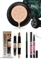 2 in 1 Contour Stick, Sunisa Air Cushion Foundation, Kajal & 2 Pcs Eyeliner (Multicolor, Set of 5)