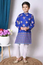 Cotton Printed Kurta with Payjama for Boys, Blue & White 