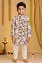 Cotton Printed Kurta with Payjama for Boys, Beige & White 