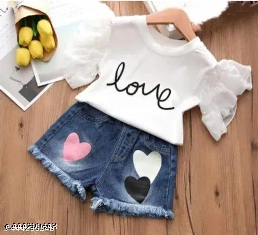 Hosiery Cotton & Denim Printed Clothing Set for Kids, White (6-9 Months)