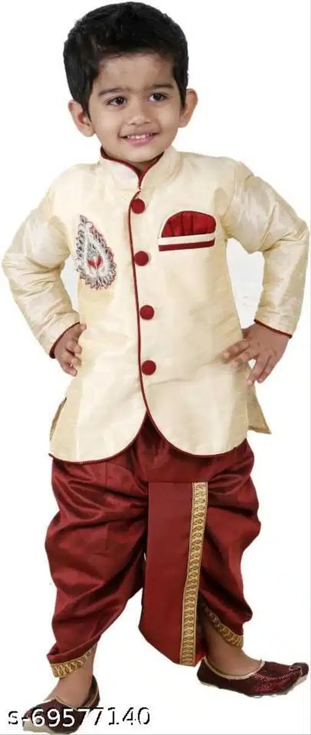 Sherwani Set for Boys (Cream & Maroon, 5-6 Years)